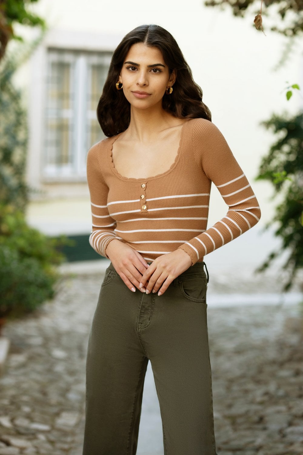 Yumi Brown Stripe Rib Knitted Long Sleeve Top With Button Details