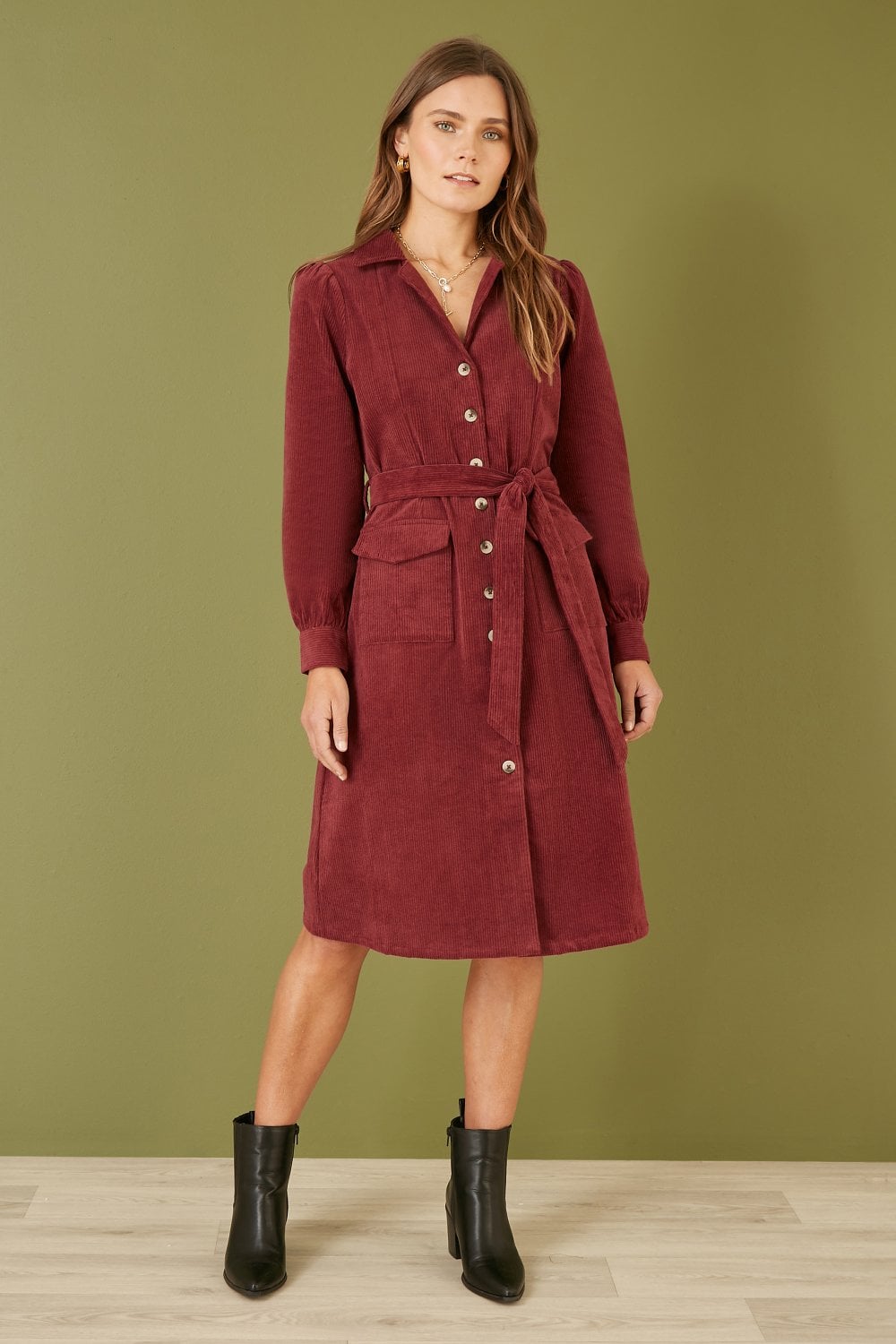 Yumi Burgundy Cord Midi Shirt Dress