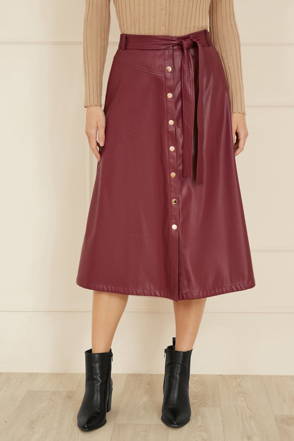 Yumi Burgundy Faux Leather A Line Midi Skirt With Button Up Details