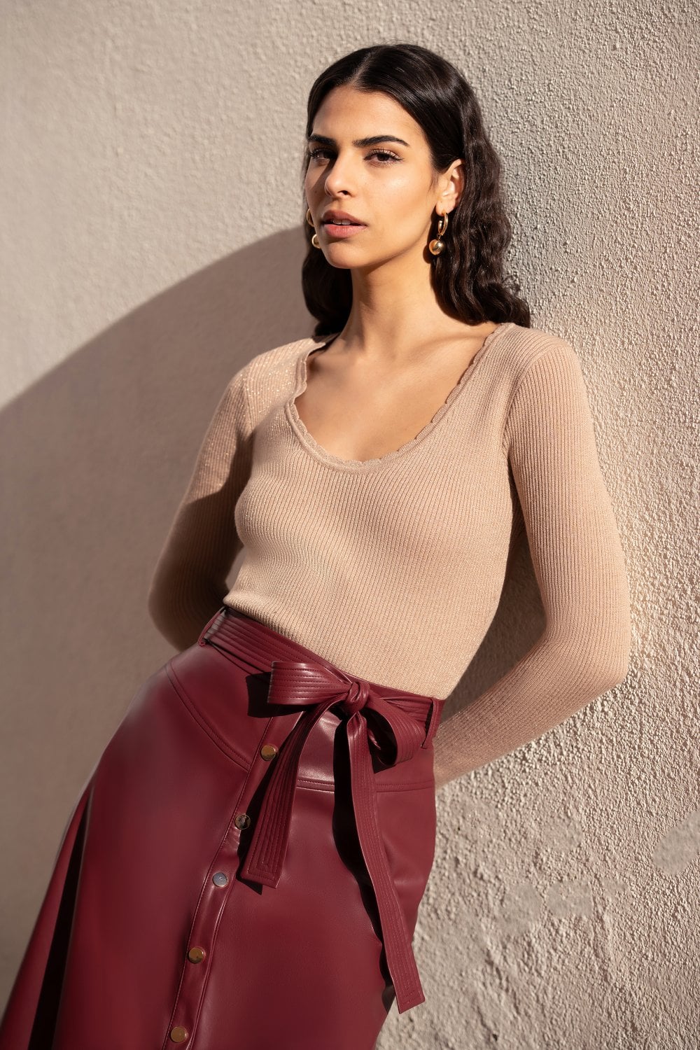 Yumi Burgundy Faux Leather A Line Midi Skirt With Button Up Details