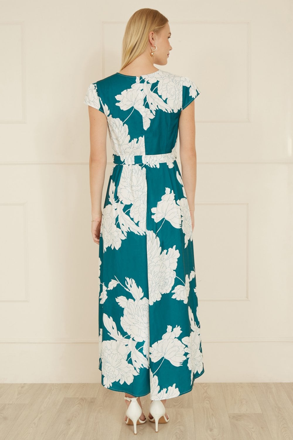 Yumi Green Blossom Print Wrap Midi With Dipped Hem