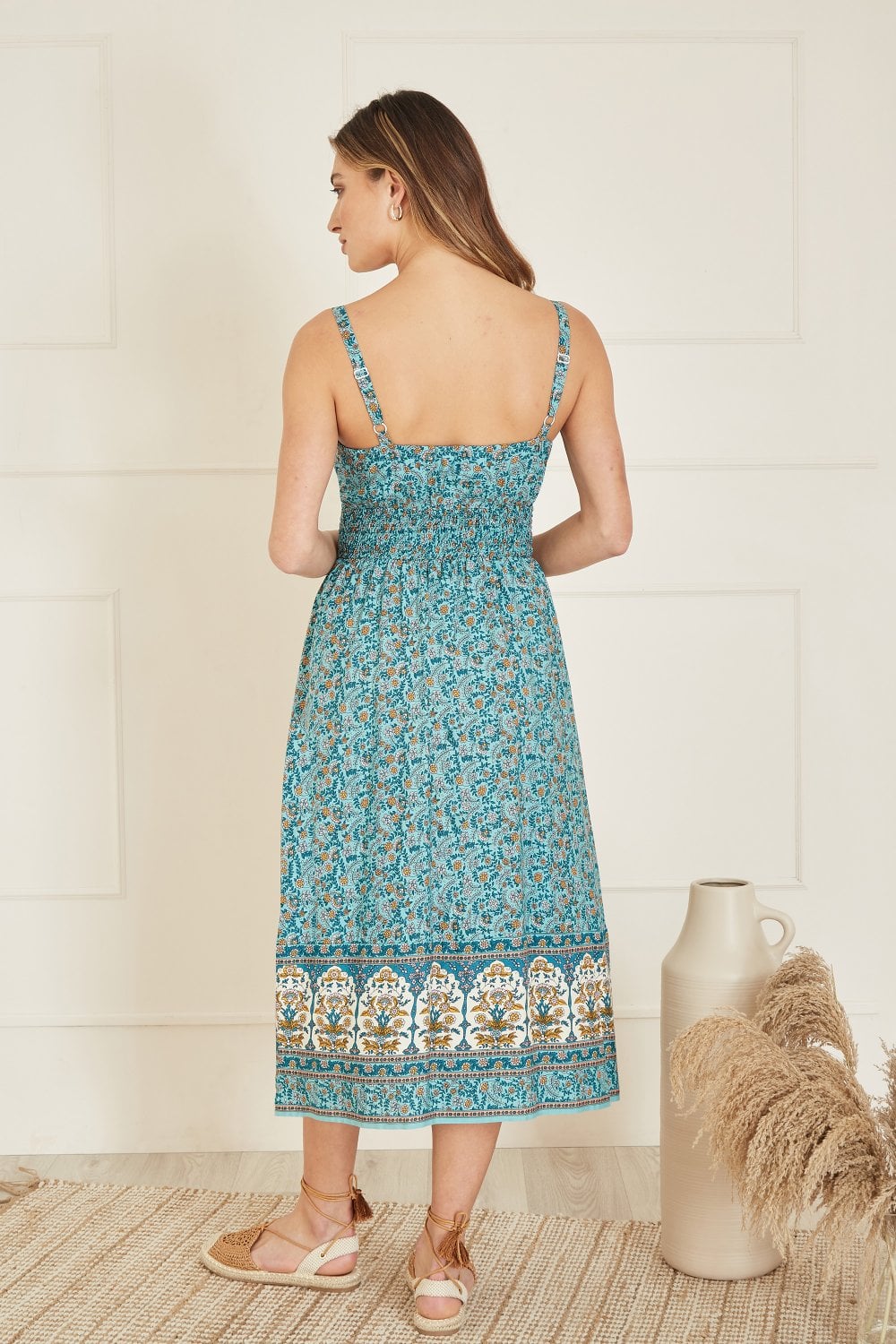 Yumi Green Border Floral Midi Sundress