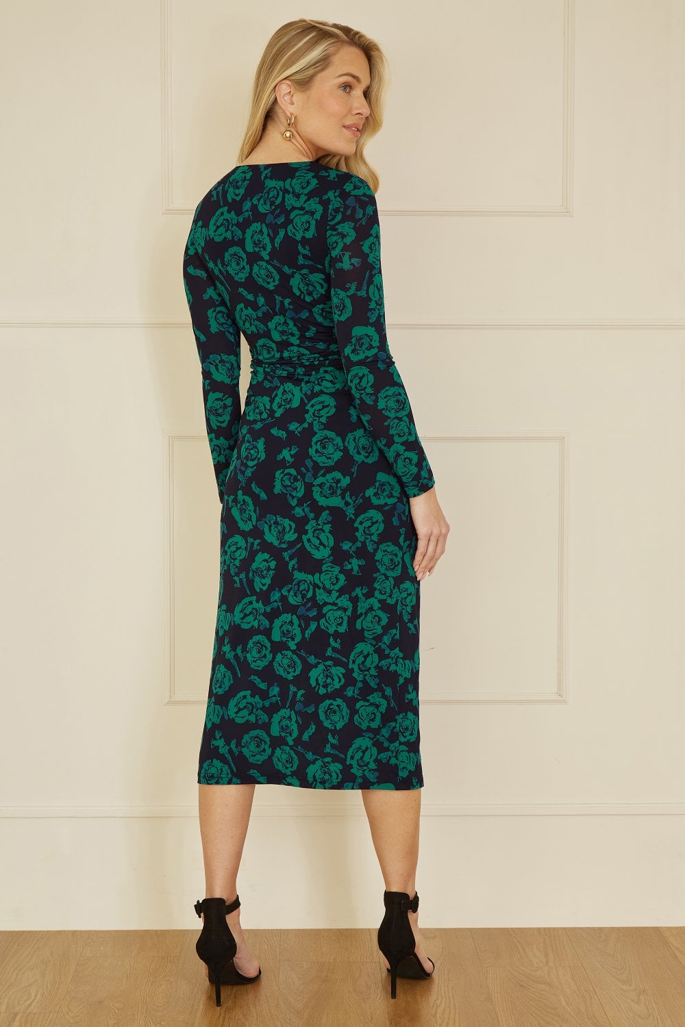 Yumi Green Floral Fitted Mesh Midi Dress With Long Sleeves