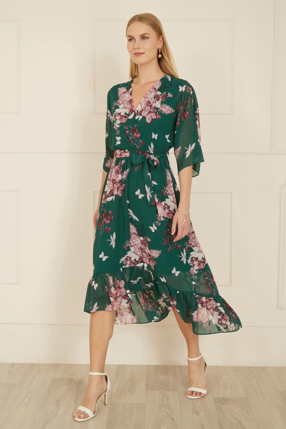 Yumi Green Floral Kimono Dipped Hem Dress