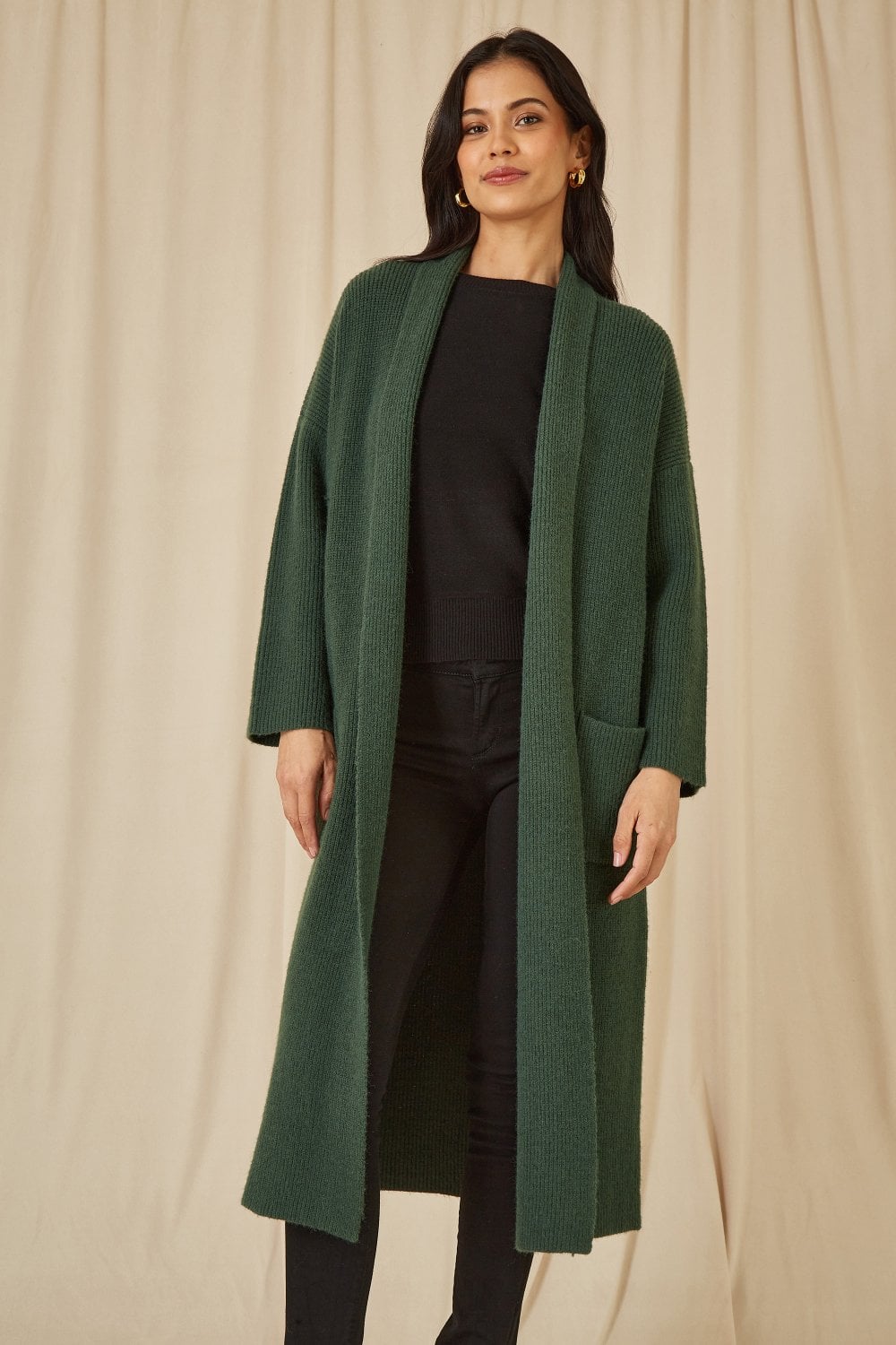 Yumi Green Knitted Maxi Cardigan With Pockets