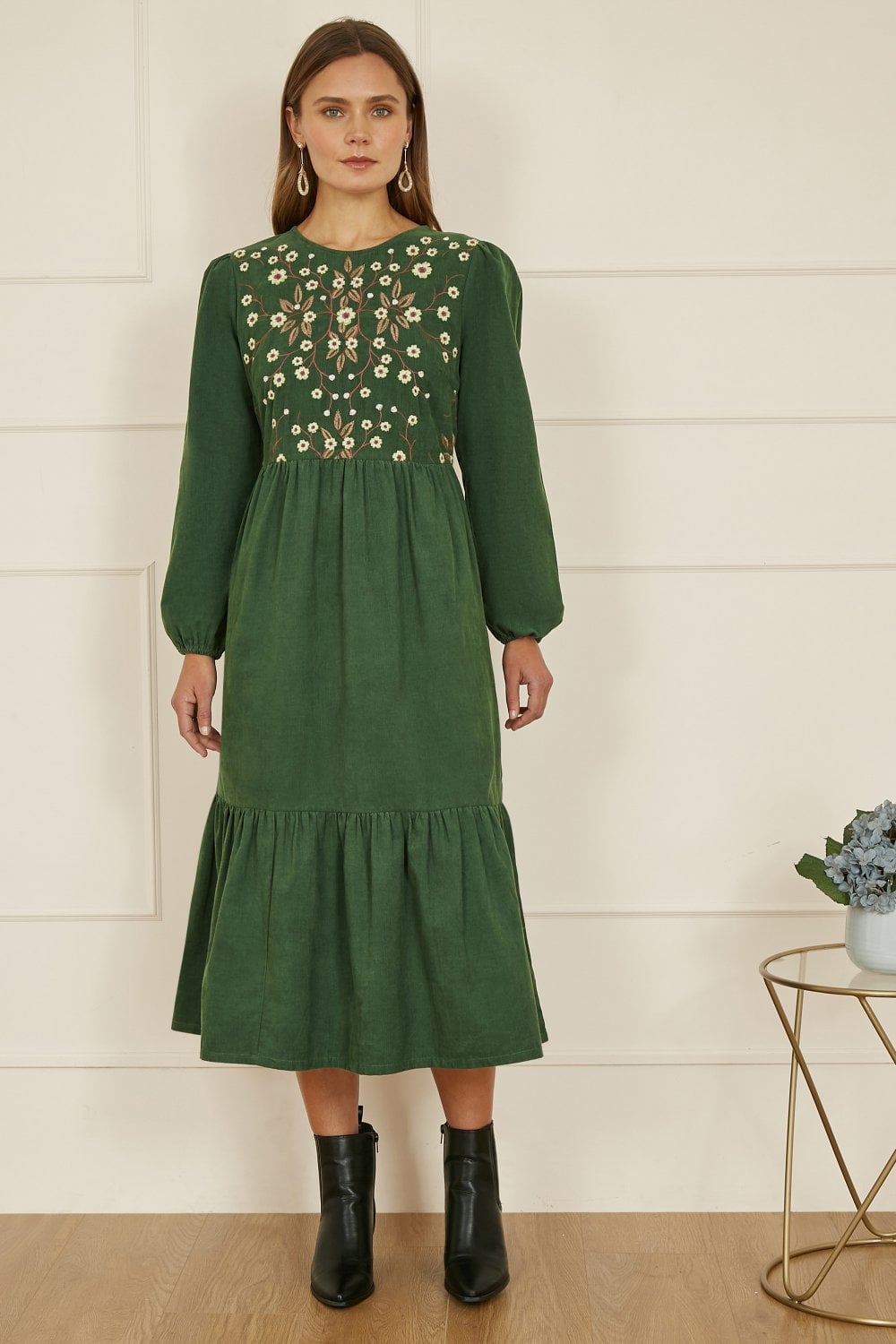 Yumi Green Long Sleeve Midi Dress With Floral Embroidery Bodice