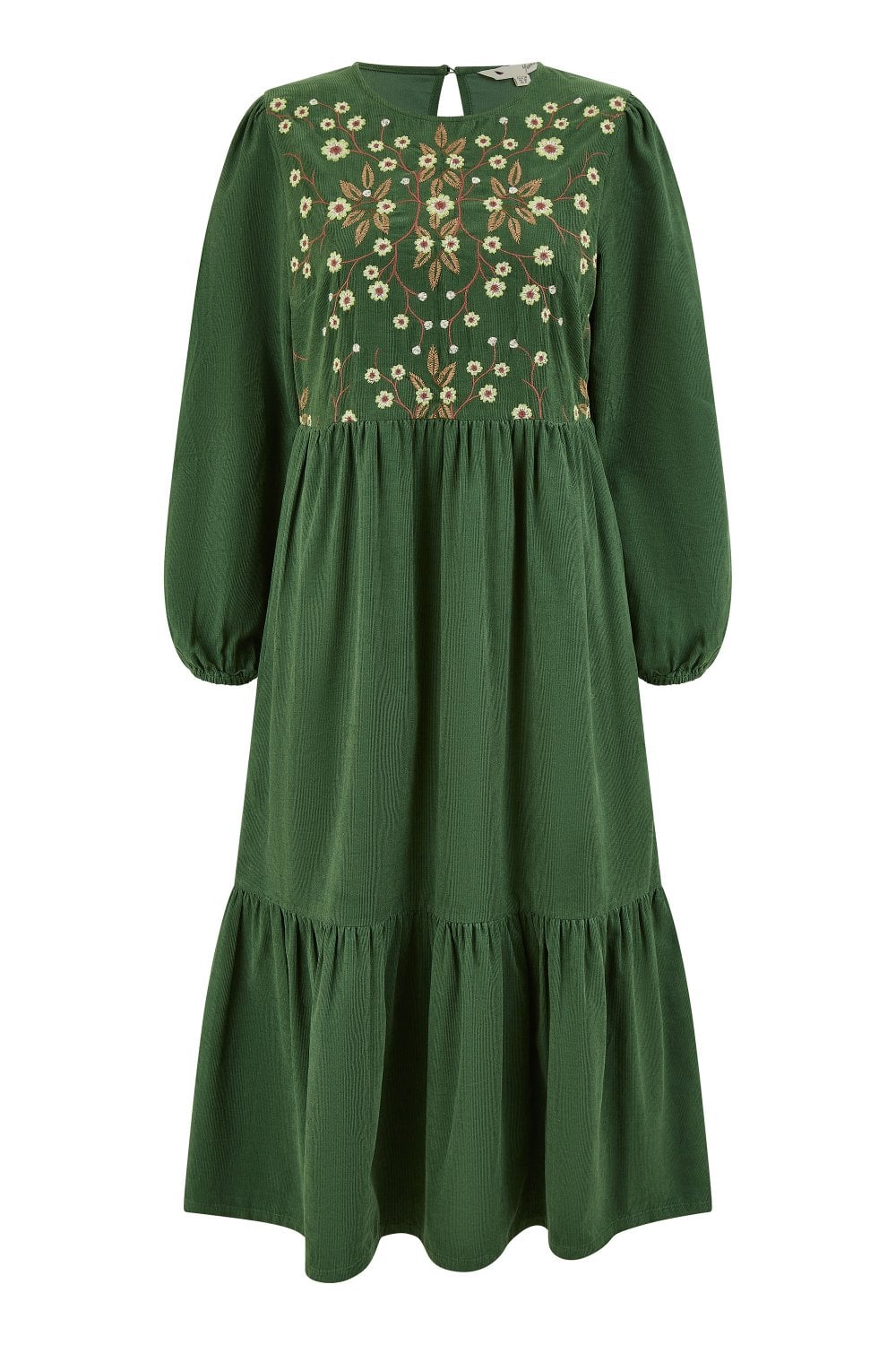 Yumi Green Long Sleeve Midi Dress With Floral Embroidery Bodice