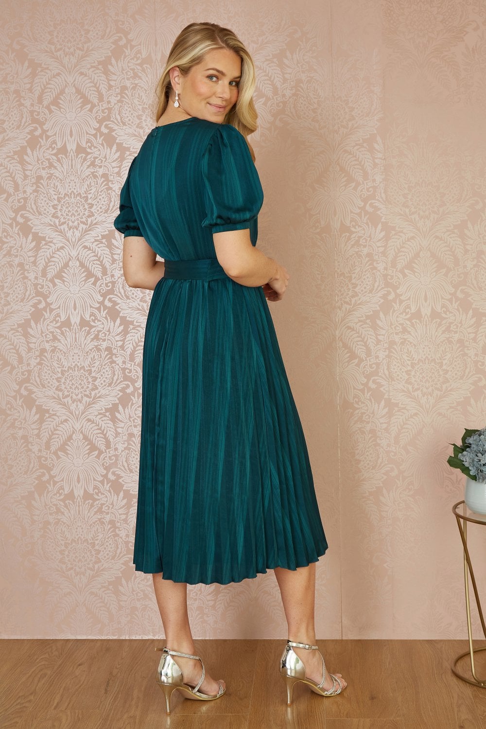 Yumi Green Satin Striped Midi Dress With Pleats and Matching Belt