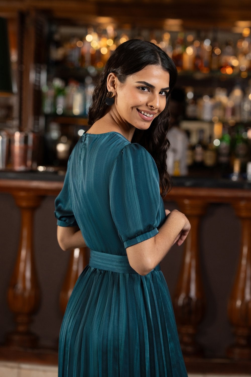 Yumi Green Satin Striped Midi Dress With Pleats and Matching Belt