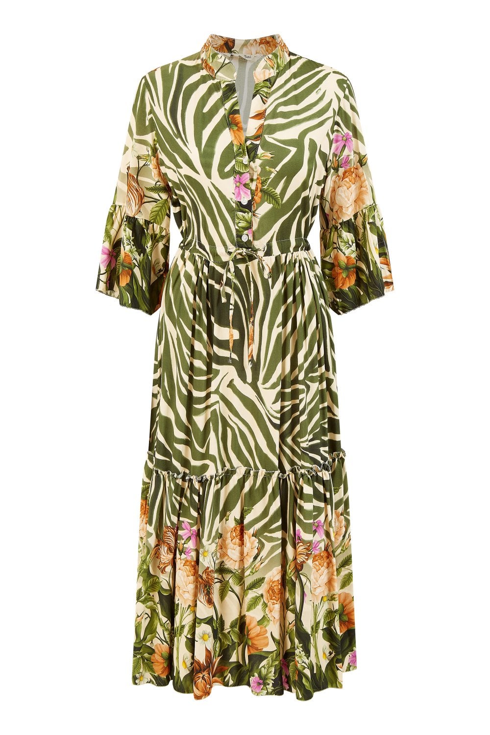 Yumi Green Viscose Zebra And Floral Print Midi Dress