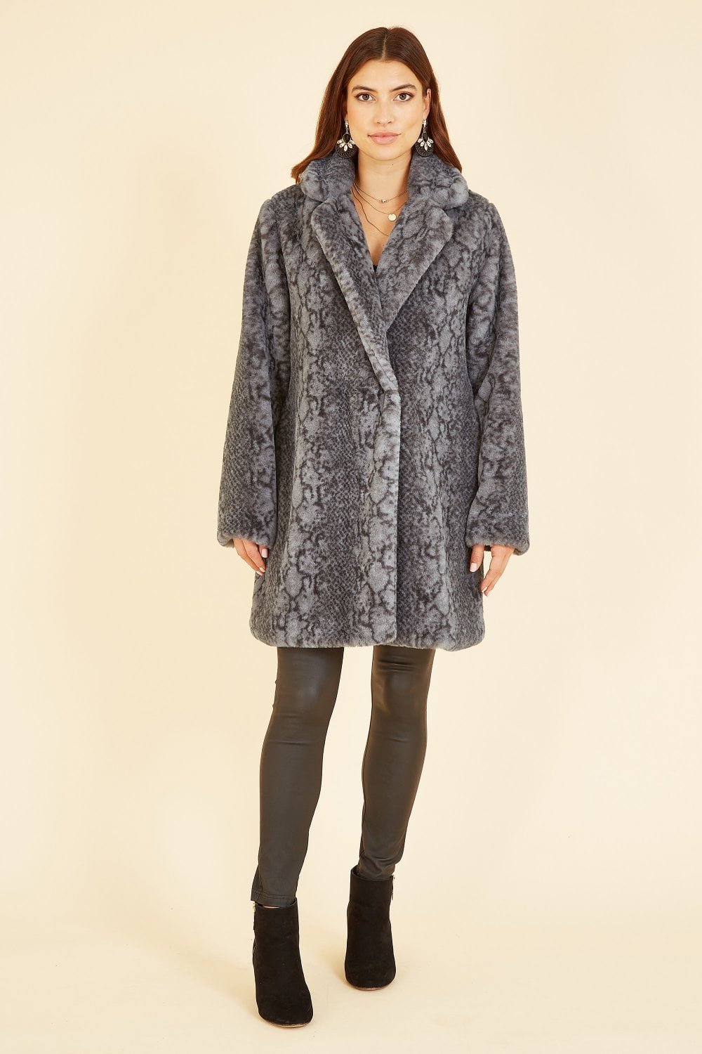 Yumi Grey Snakeskin Print Faux Fur Coat