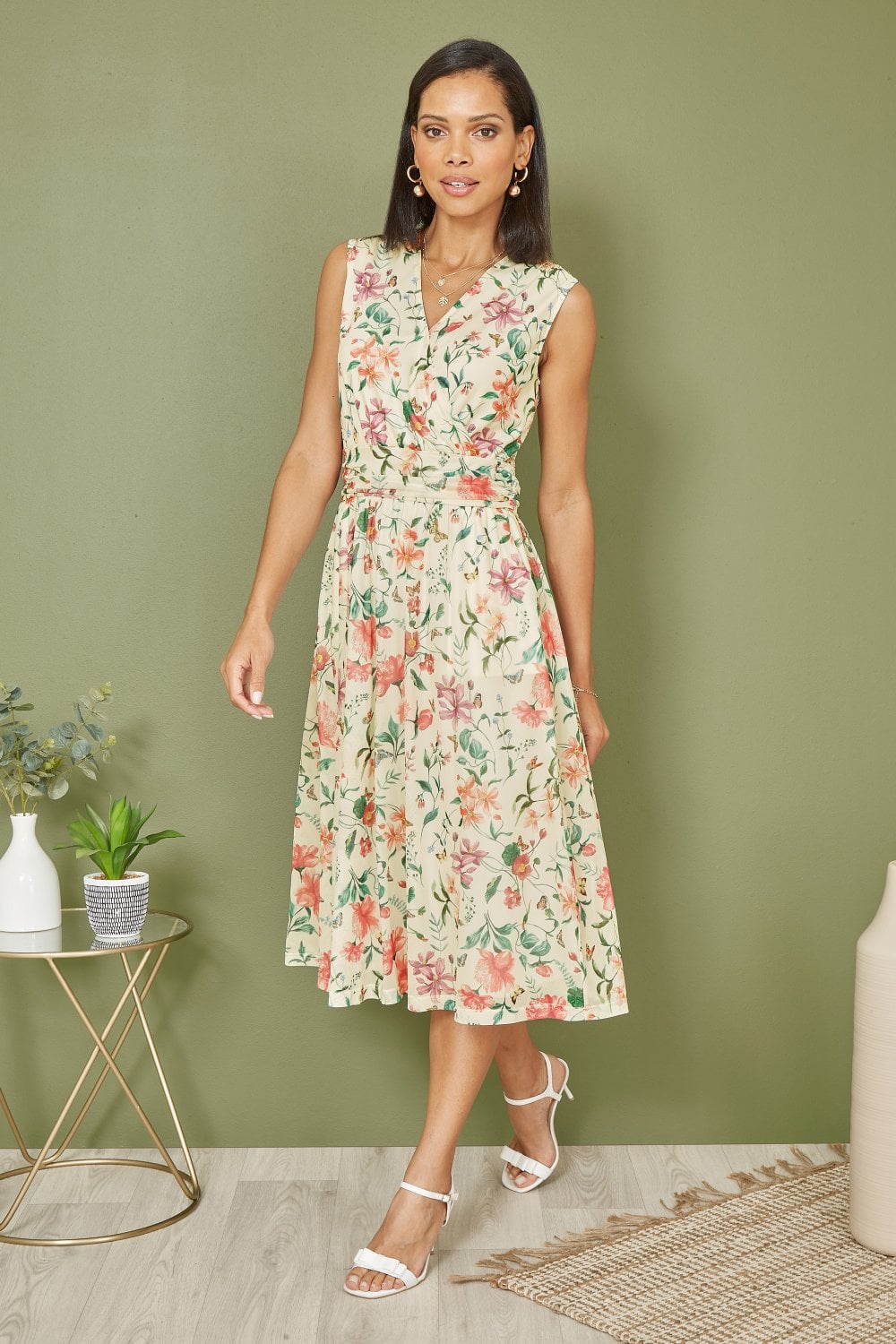 Yumi Ivory Floral Print Mesh Stretch Midi Dress With Pockets