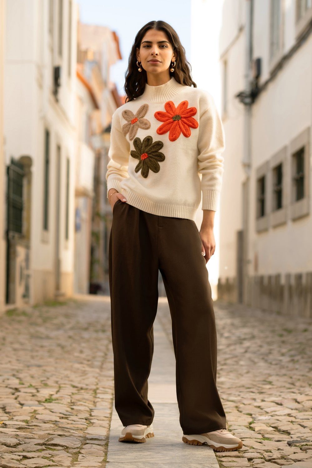 Yumi Ivory Knitted High Neck Jumper With Applique Flowers