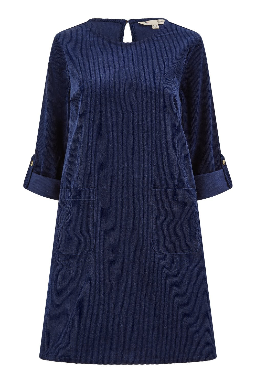Yumi Navy Cord Tunic Dress With 3/4 Sleeves And Pockets