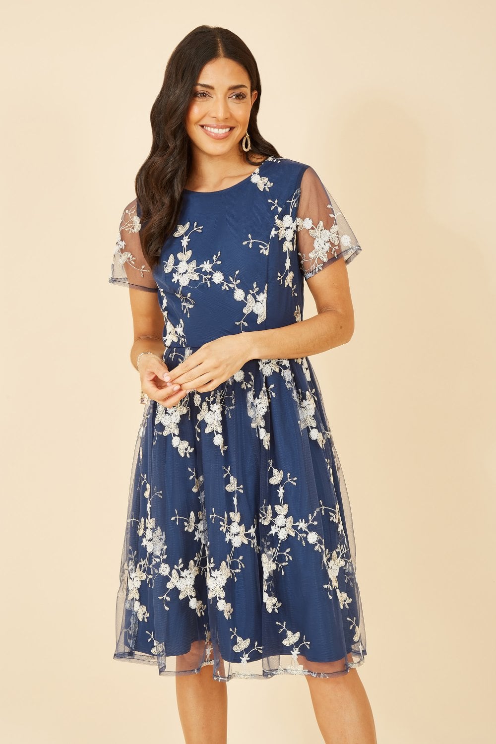 Yumi Navy Embroidered Floral Skater Dress