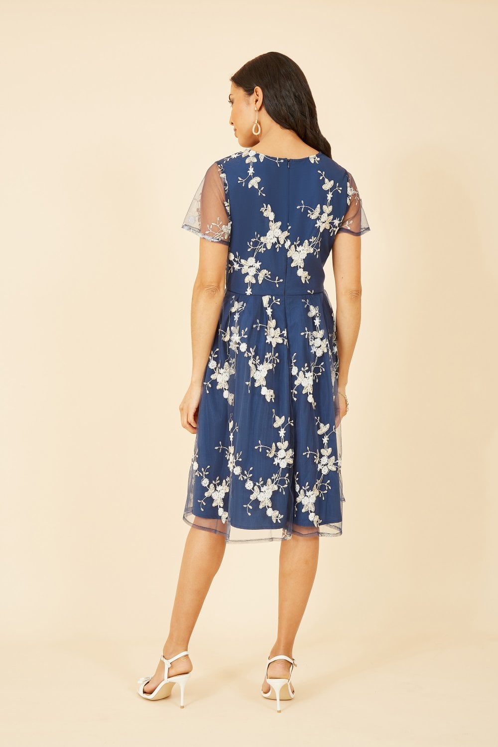 Yumi Navy Embroidered Floral Skater Dress