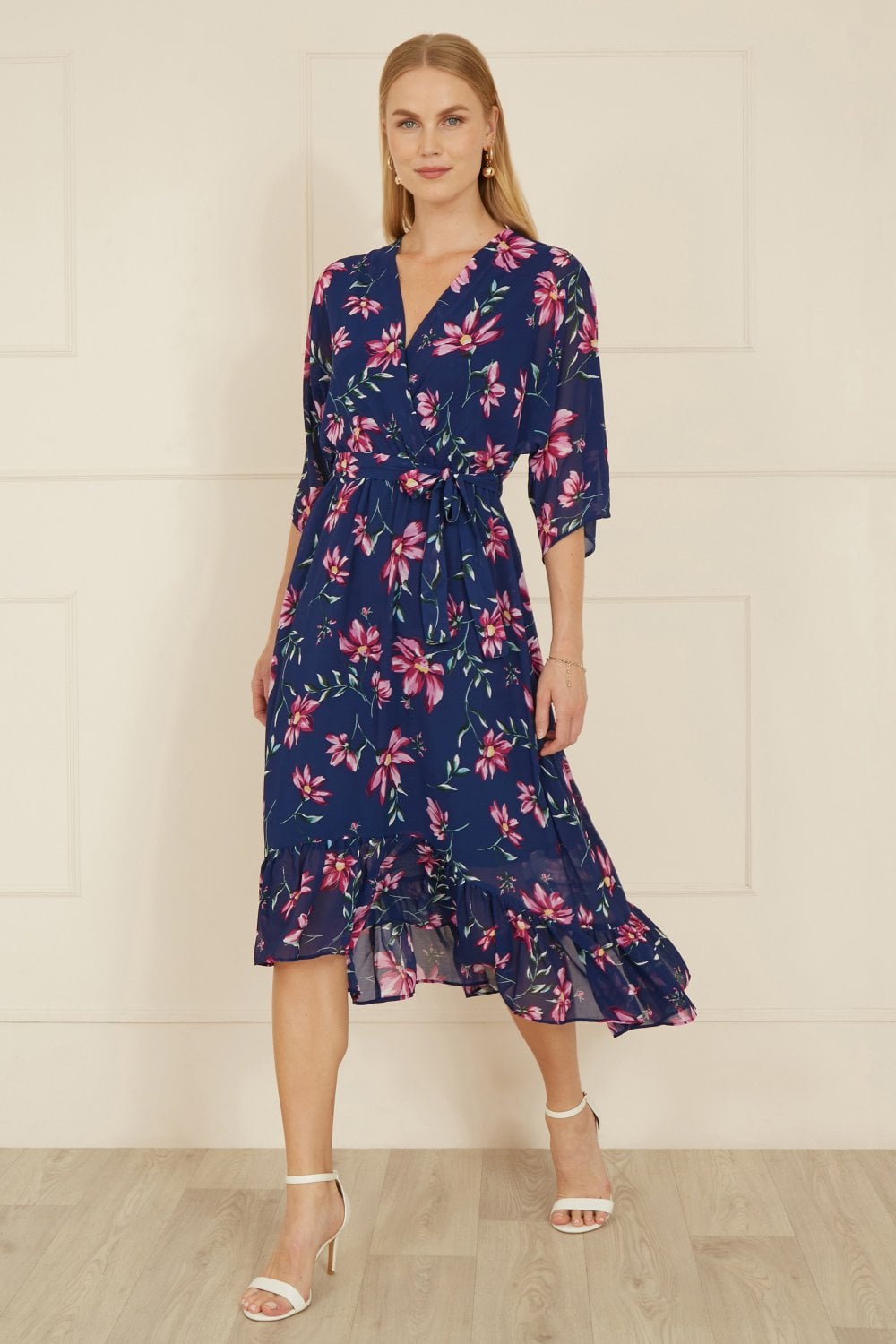 Yumi Navy Floral Kimono Dipped Hem Dress