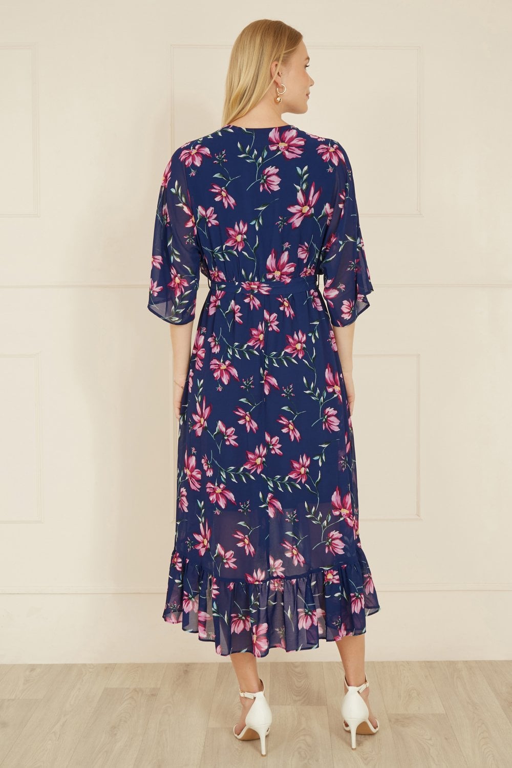 Yumi Navy Floral Kimono Dipped Hem Dress