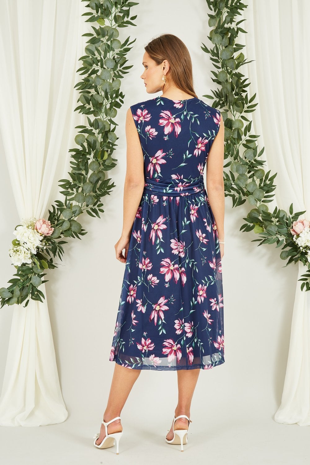 Yumi Navy Floral Print Mesh Stretch Midi Dress With Pockets