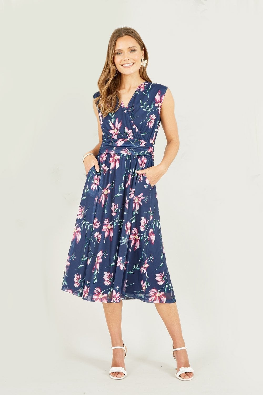 Yumi Navy Floral Print Mesh Stretch Midi Dress With Pockets