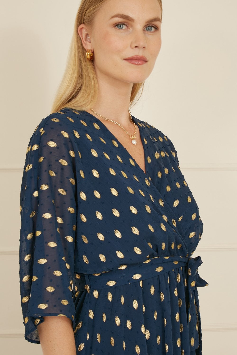 Yumi Navy Foil Print Wrap Over Dip Hem Midi Dress