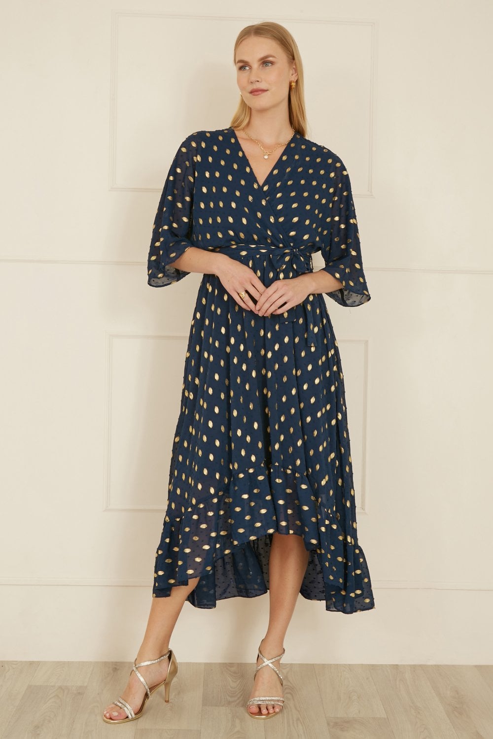 Yumi Navy Foil Print Wrap Over Dip Hem Midi Dress