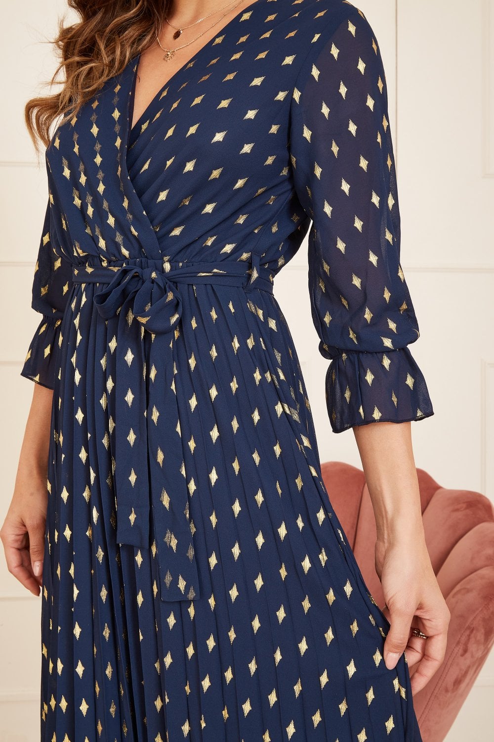 Yumi Navy Foil Printed Pleated Wrap Midi Dress