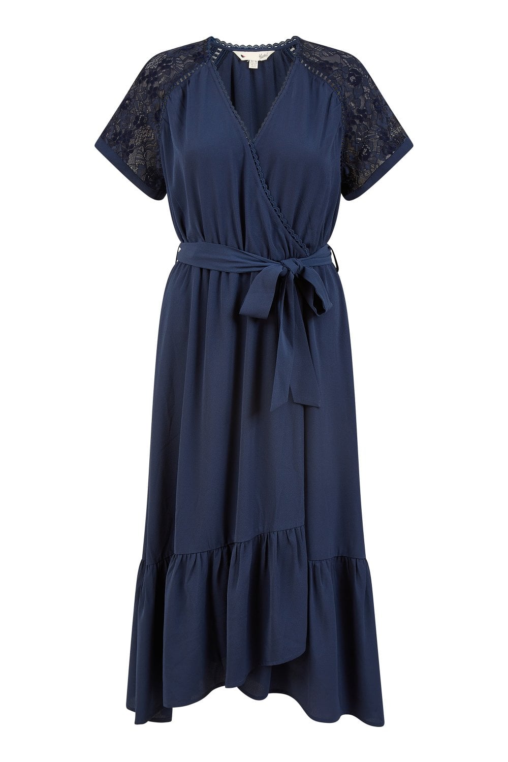 Yumi Navy Lace Sleeve Midi Wrap Over Dress