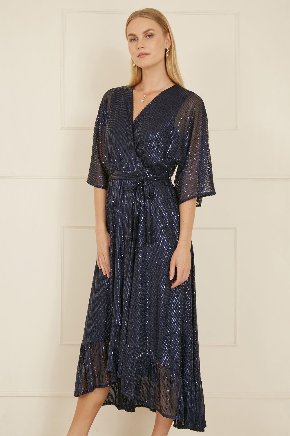 Yumi Navy Sequin Kimono Midi Wrap Dress