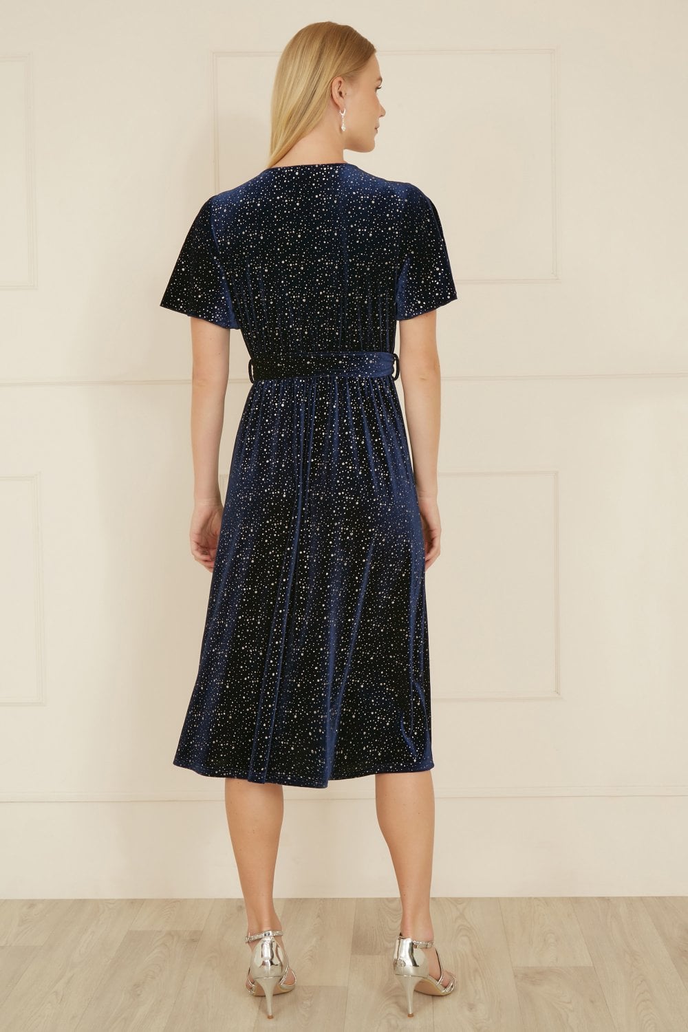Yumi Navy Velvet Sparkle Wrap Midi Dress