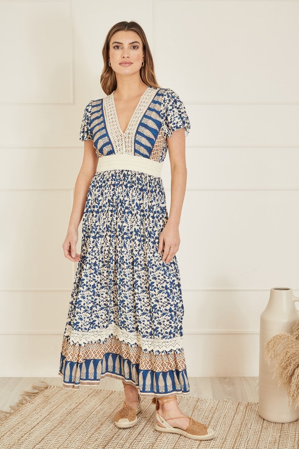 Yumi Navy Viscose Leaf Print Maxi Dress With Lace Trim