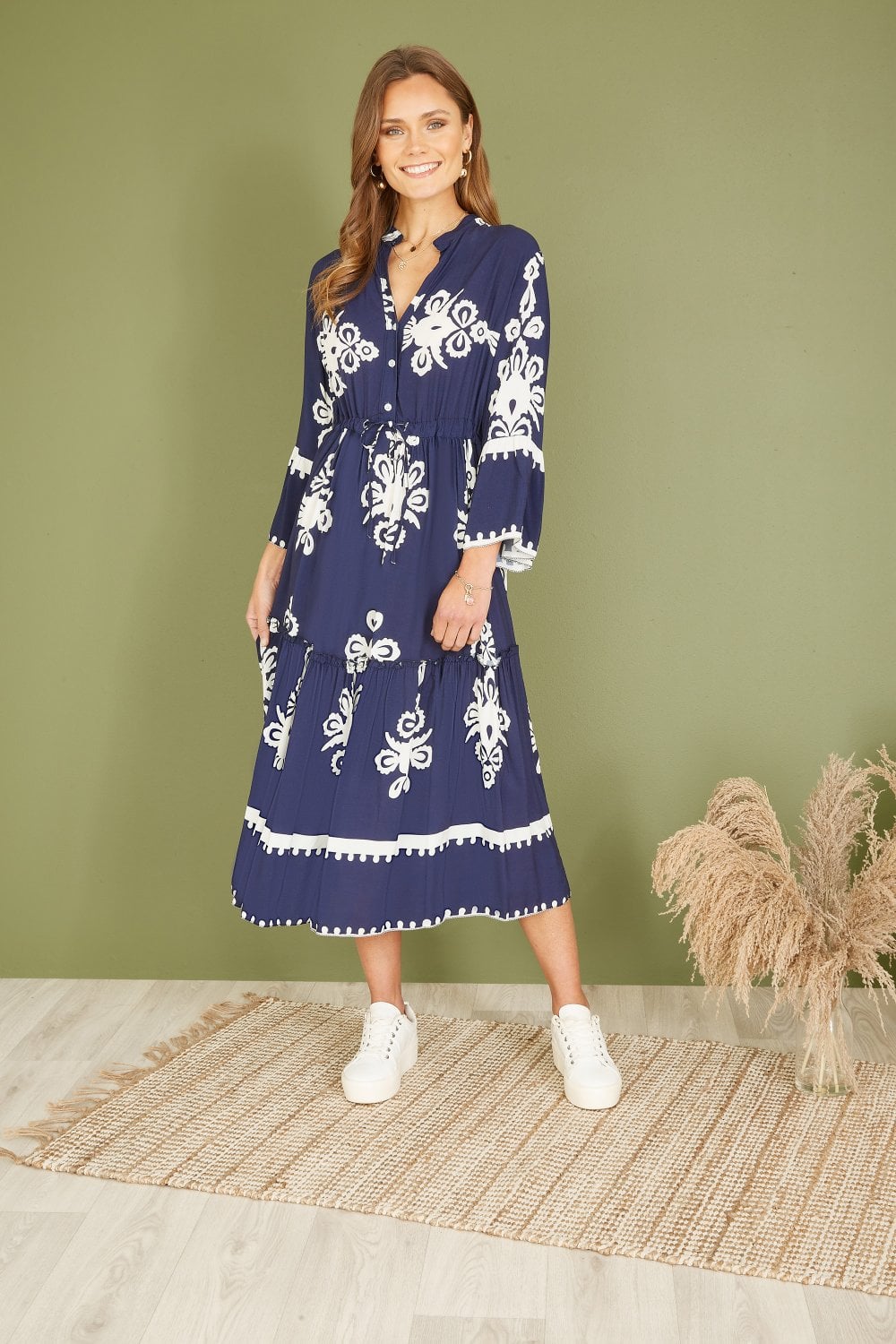 Yumi Navy Viscose Midi Dress With Long Sleeves