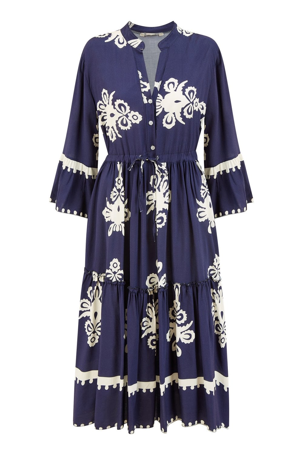 Yumi Navy Viscose Midi Dress With Long Sleeves