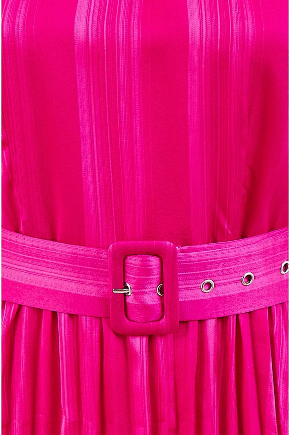 Yumi Pink Satin Striped Midi Dress With Pleats and Matching Belt