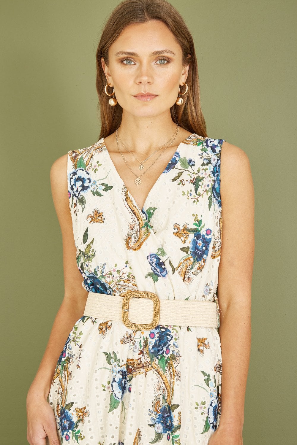 Yumi Premium Ivory Floral Print Broderie Anglaise Cotton Dip Hem Midaxi Dress