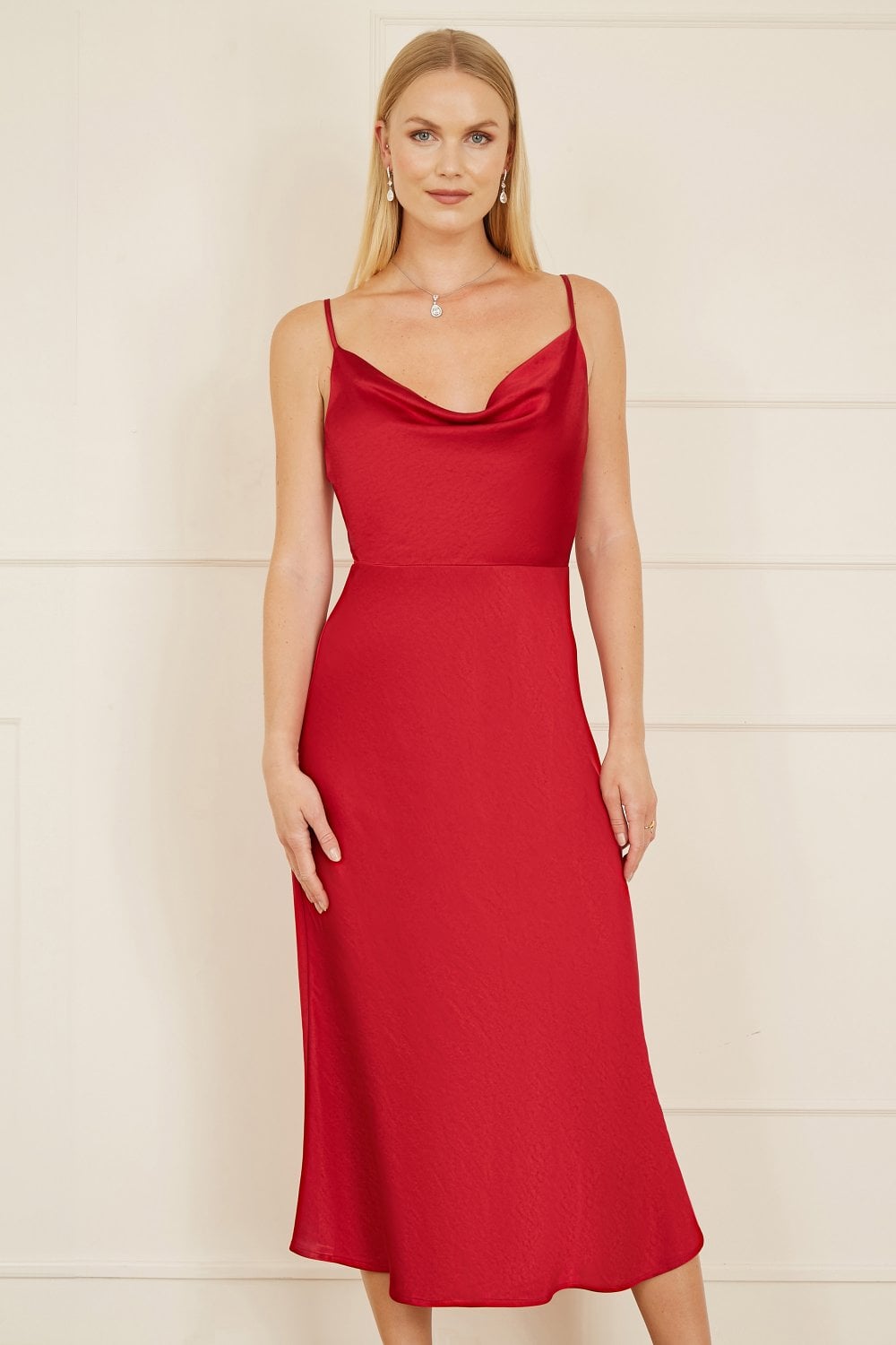 Yumi Red Satin Cowl Neck Midi Slip Dress