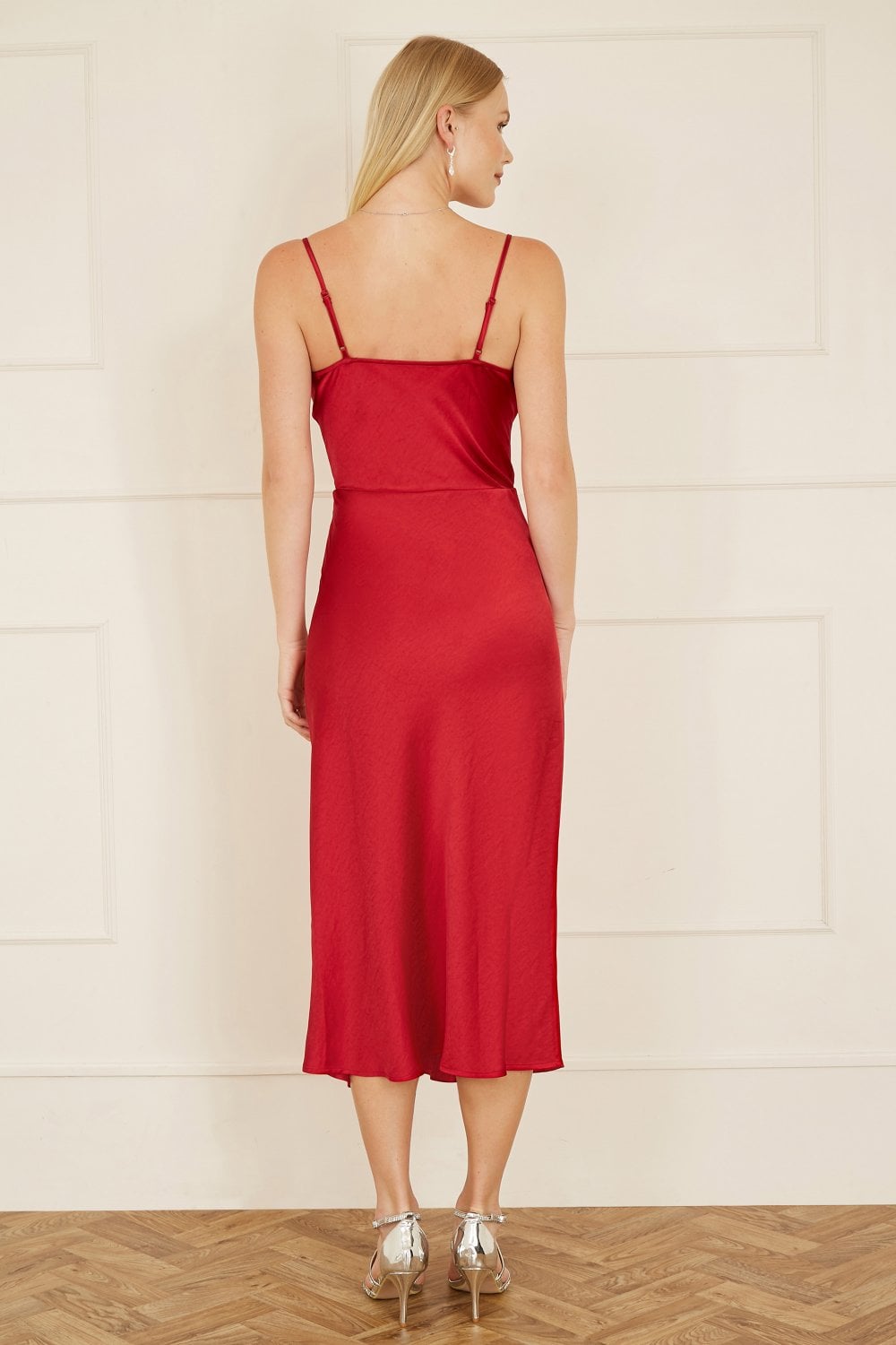 Yumi Red Satin Cowl Neck Midi Slip Dress