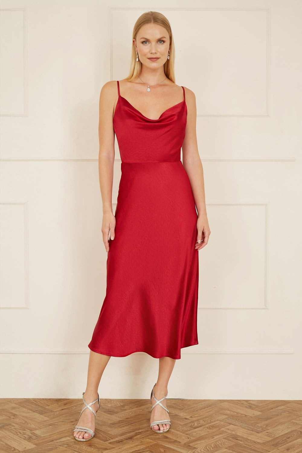 Yumi Red Satin Cowl Neck Midi Slip Dress