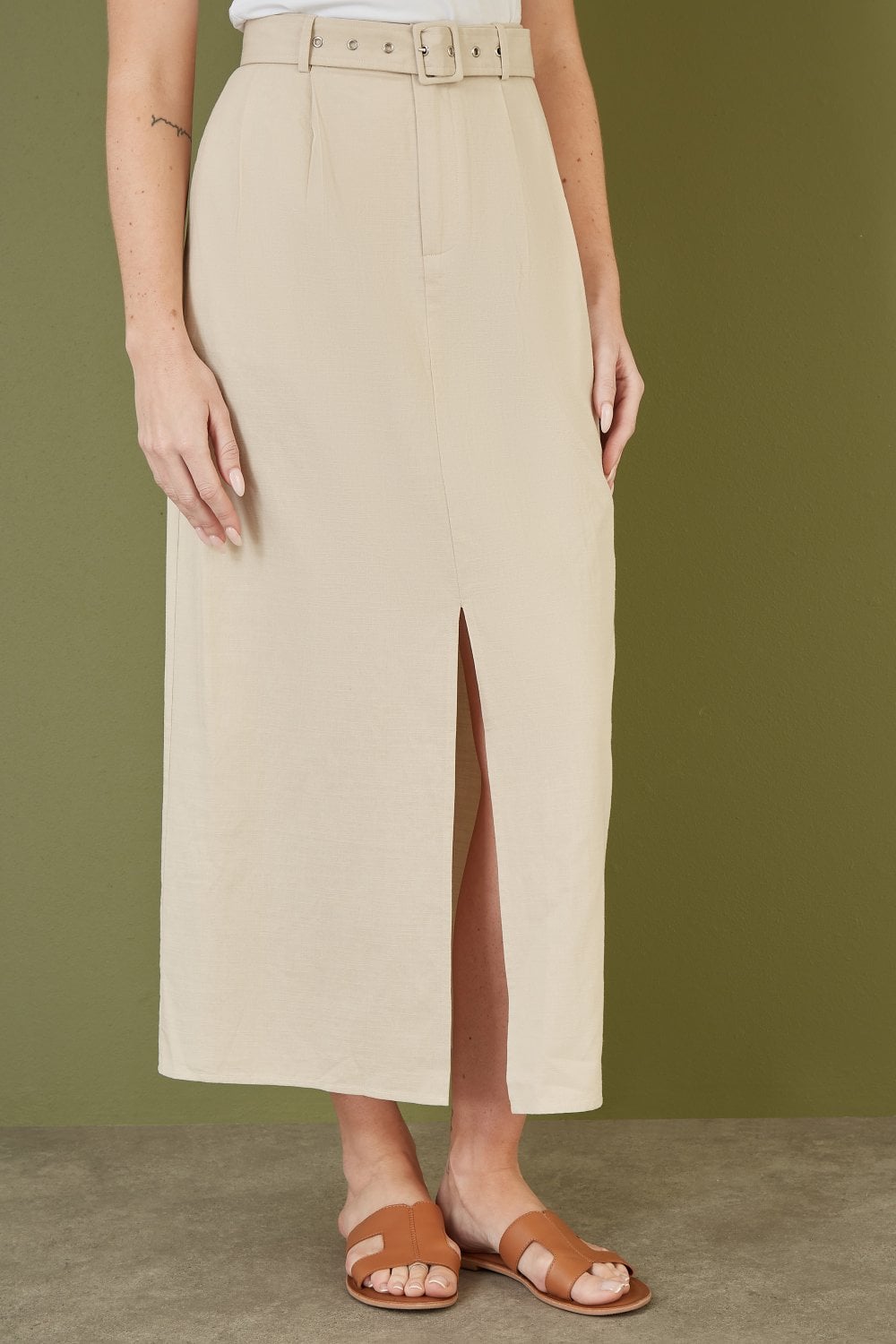 Yumi Stone Cotton Midi Skirt With Belt And Split Hem