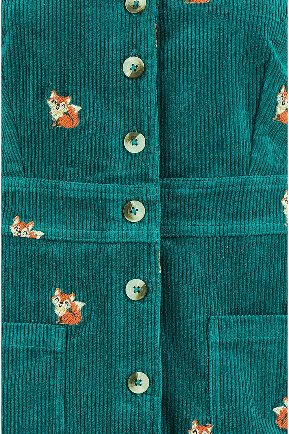 Yumi Teal Cord Shirt Dress With All Over Fox Embroidery