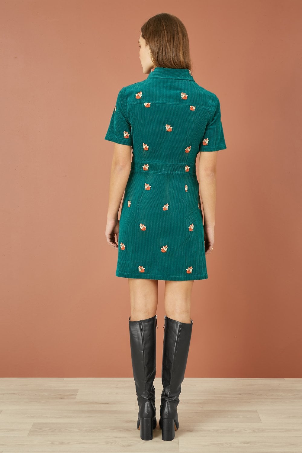 Yumi Teal Cord Shirt Dress With All Over Fox Embroidery