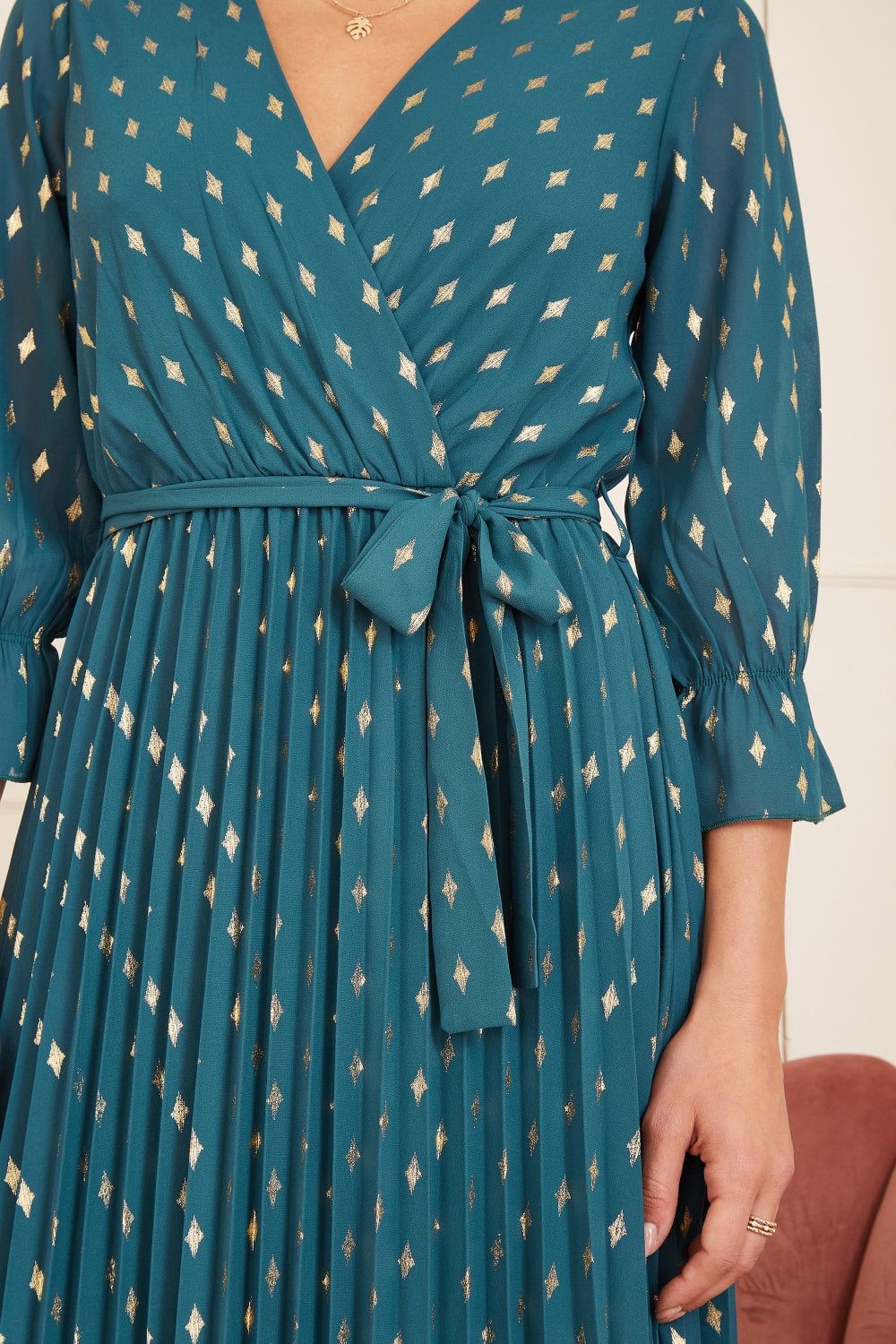 Yumi Teal Foil Printed Pleated Wrap Midi Dress