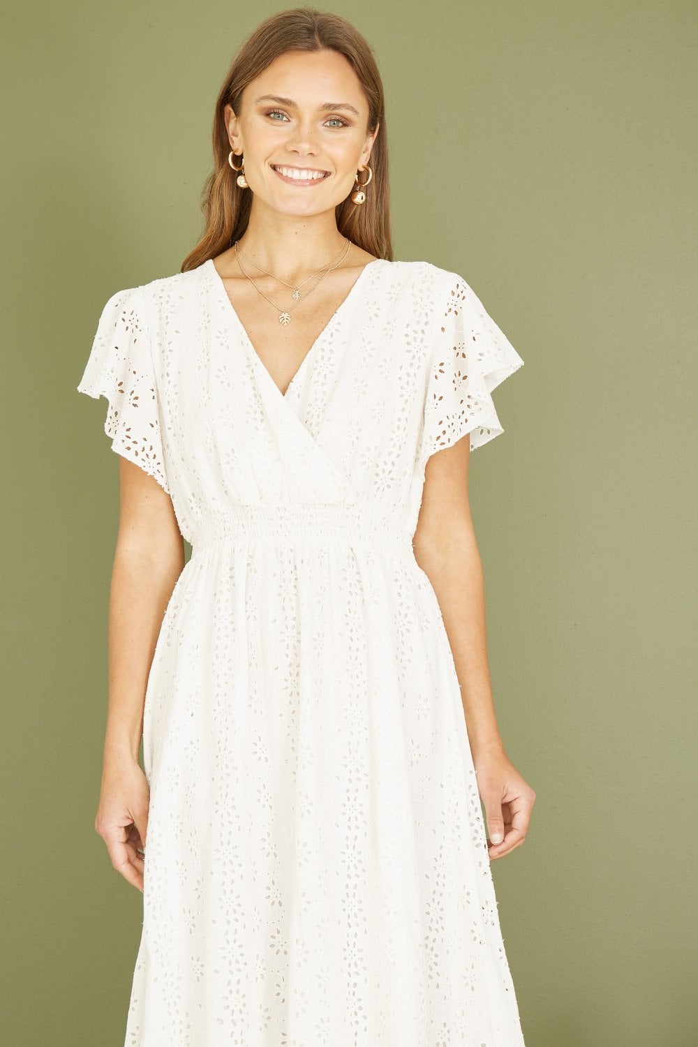 Yumi White Cotton Broderie Anglaise Wrap Midi Dress