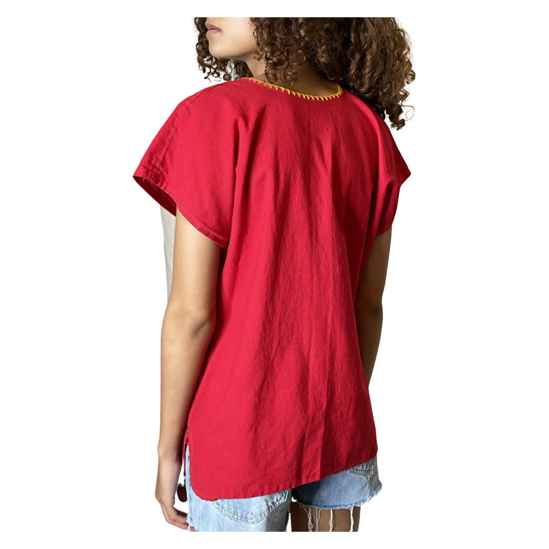 Vintage Red Floral Embroidered Top UK 8 - 12